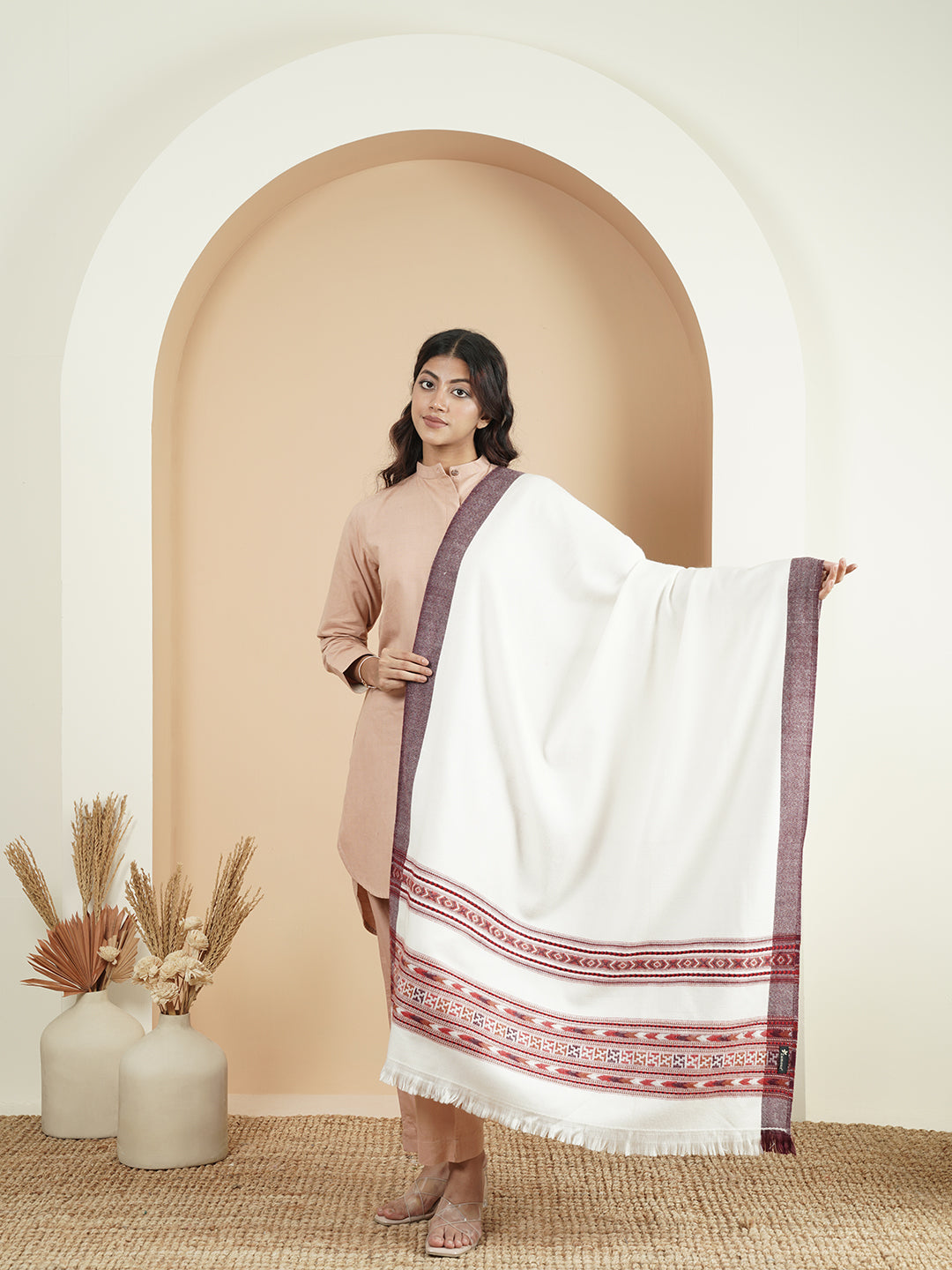 Woollen Plain Kullu Warm Shawl with Border Design | White