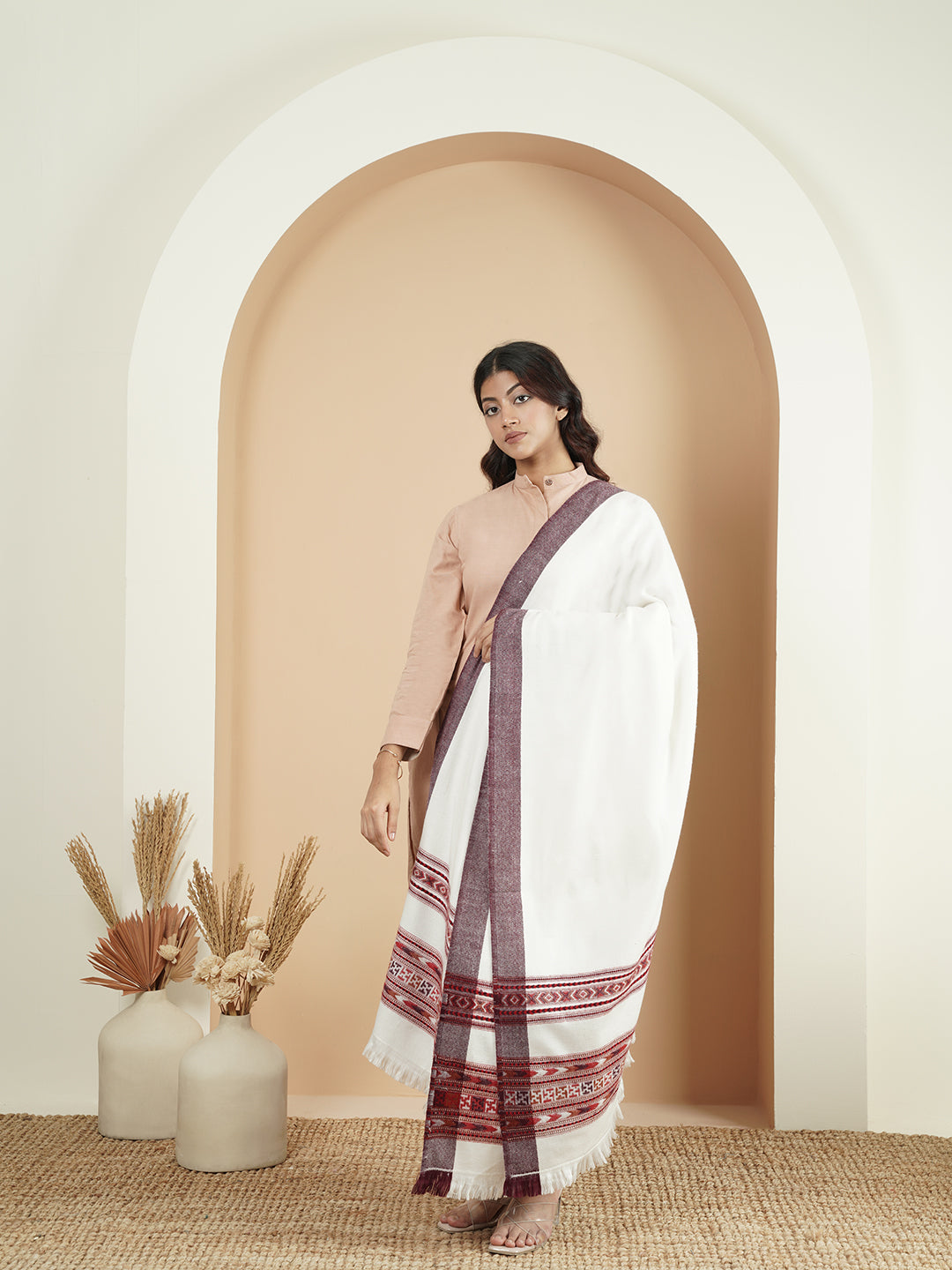 Woollen Plain Kullu Warm Shawl with Border Design | White