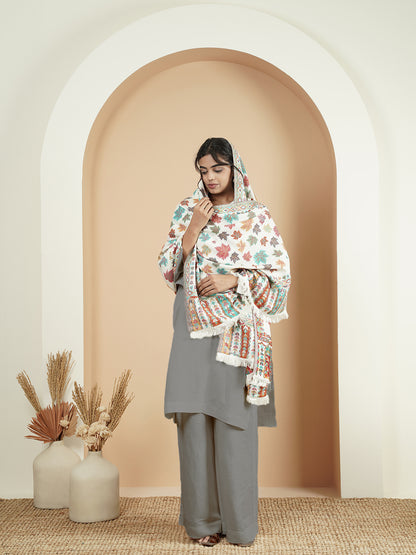 Woollen Kani Shawl with Multicolor Chinar Leaf Embroidery and Fringed Border | White