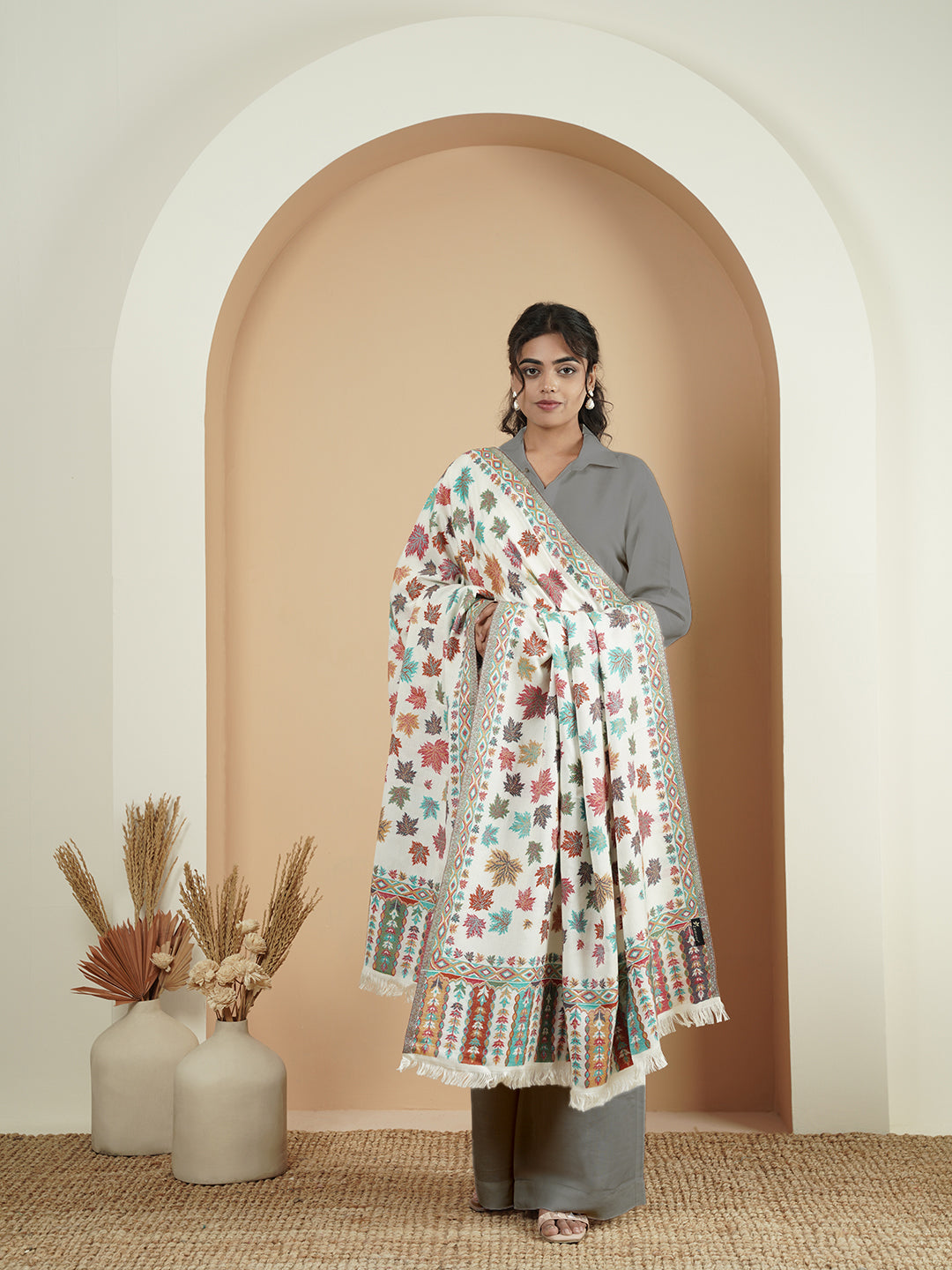Woollen Kani Shawl with Multicolor Chinar Leaf Embroidery and Fringed Border | White