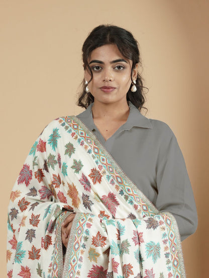 Woollen Kani Shawl with Multicolor Chinar Leaf Embroidery and Fringed Border | White