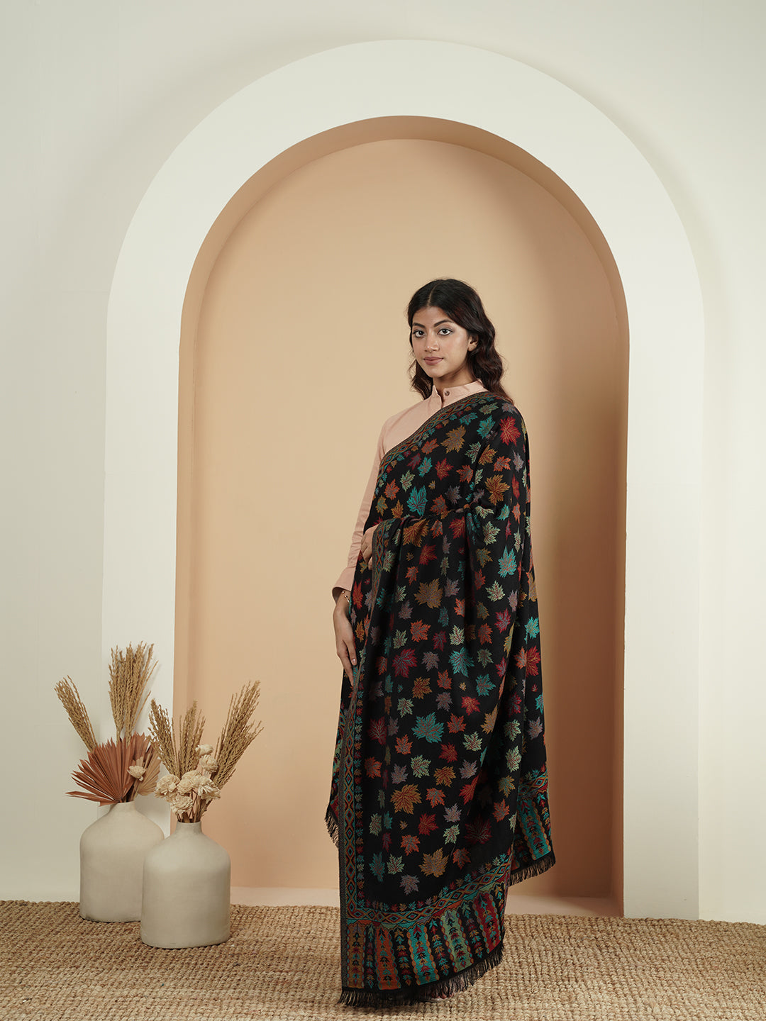 Woollen Kani Shawl with Multicolor Chinar Leaf Embroidery and Fringed Border | Black