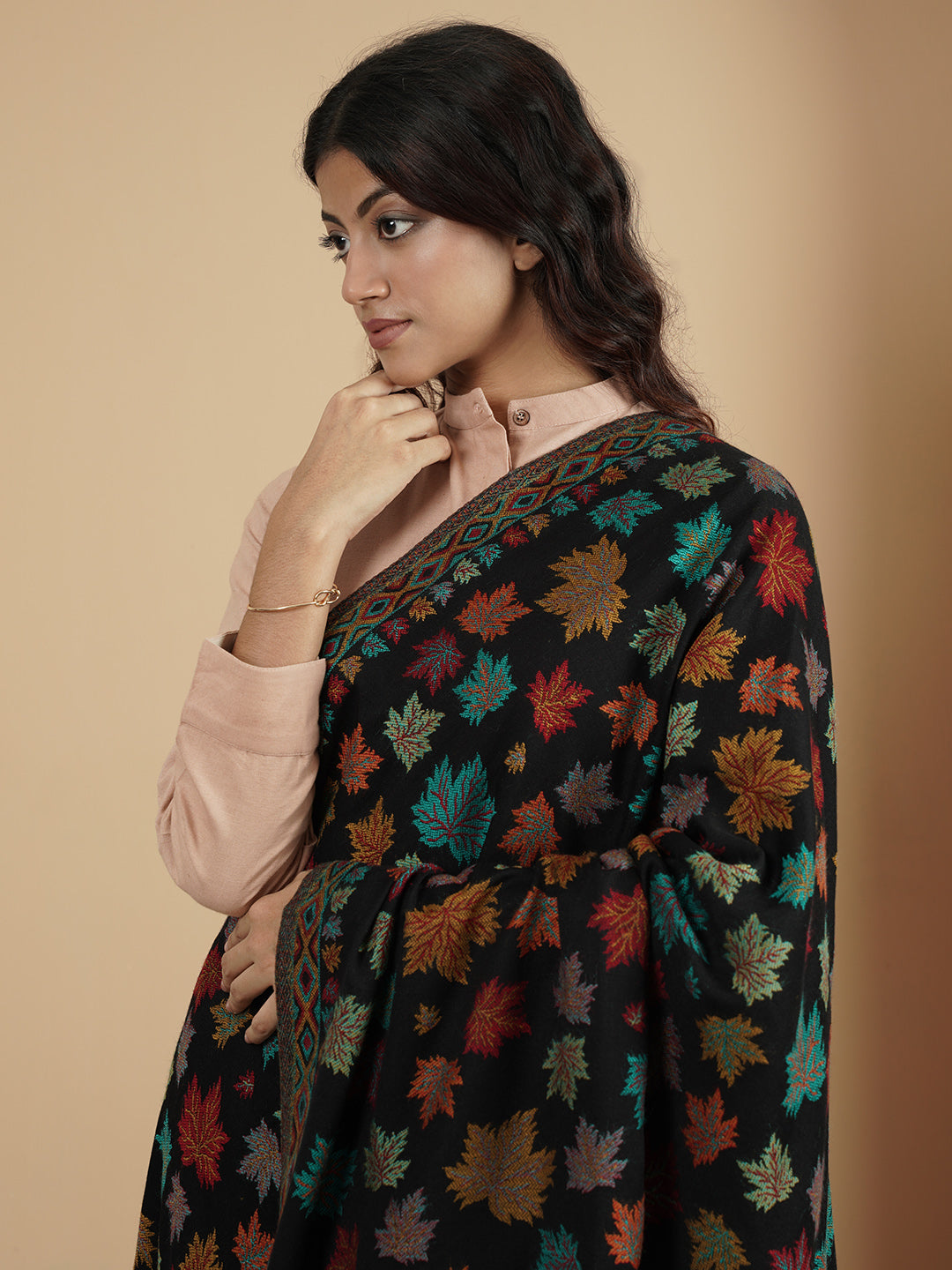 Woollen Kani Shawl with Multicolor Chinar Leaf Embroidery and Fringed Border | Black