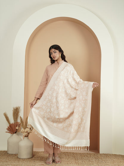 Premium Kani Reversible Woollen Shawl for Women with Floral Patterns and Tasselled Border | White