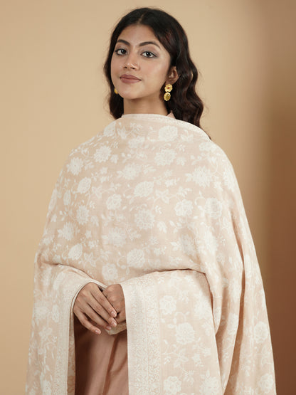 Premium Kani Reversible Woollen Shawl for Women with Floral Patterns and Tasselled Border | White