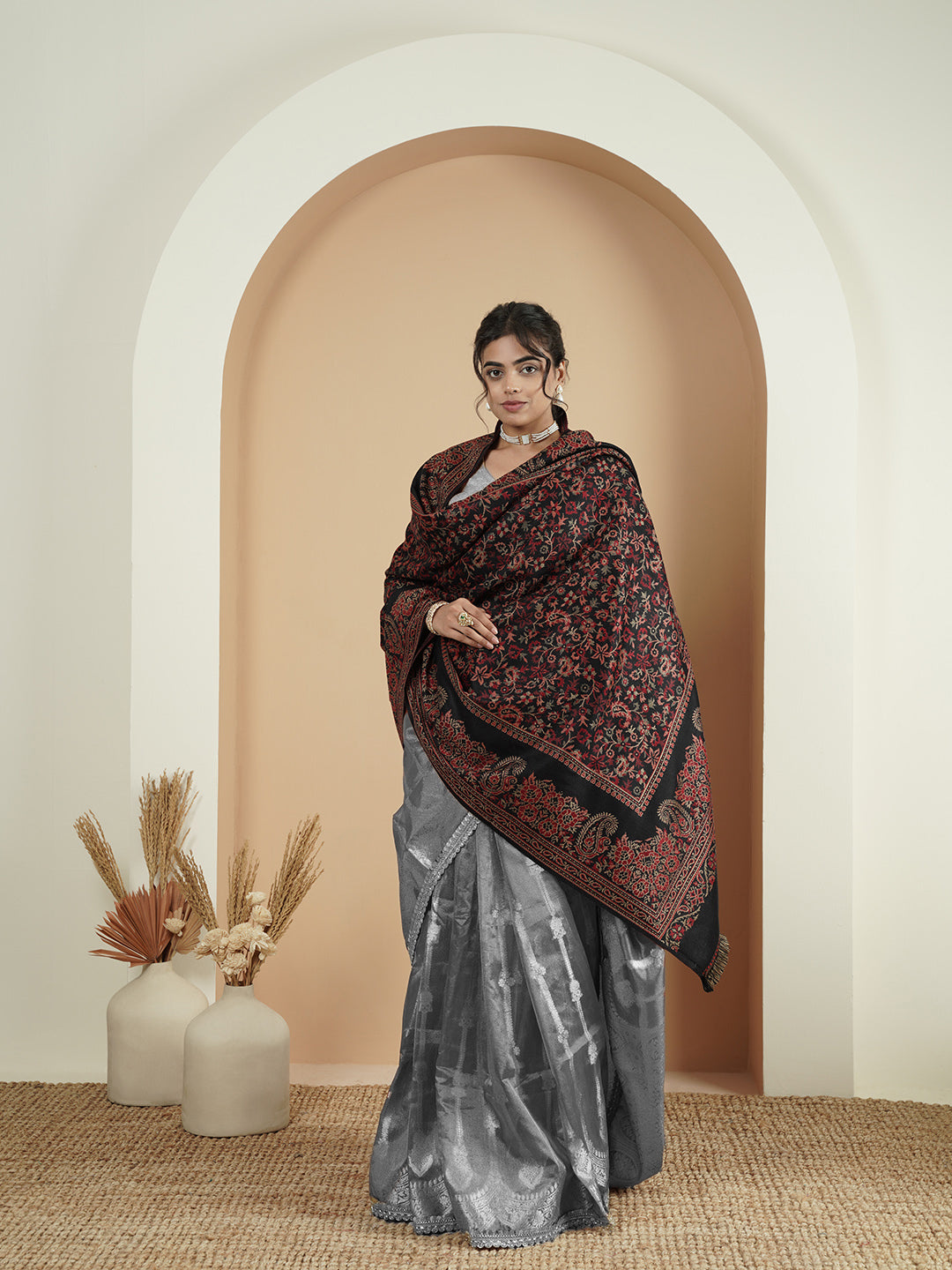 Woollen Kani Shawl with Traditional Kashmiri Floral & Paisley Woven Design | Black