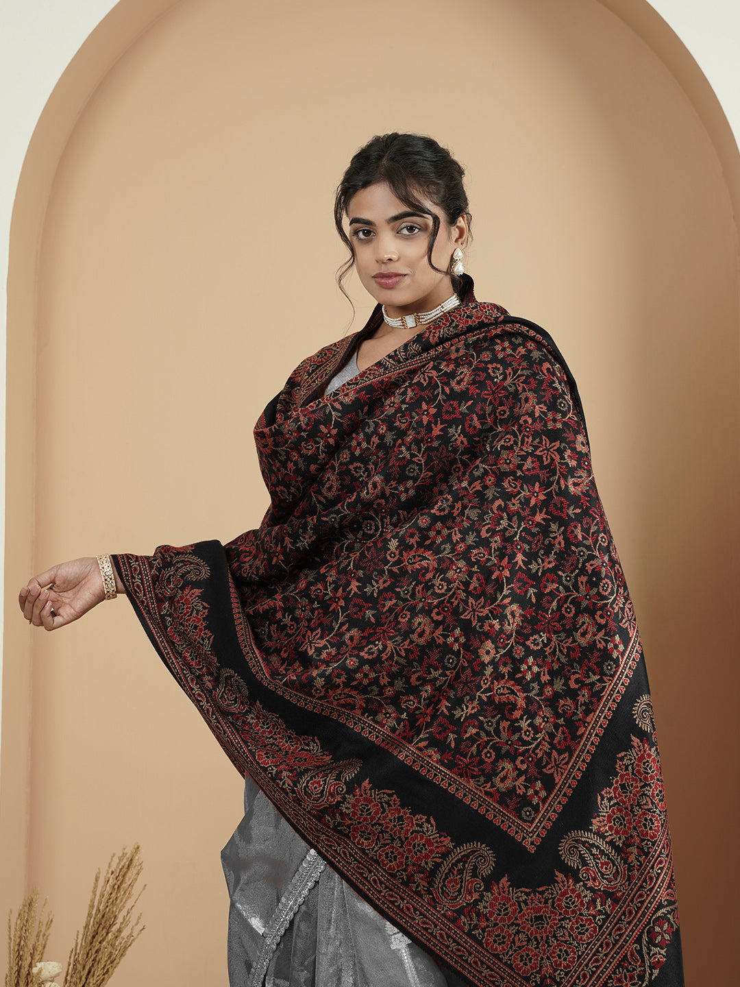 Woollen Kani Shawl with Traditional Kashmiri Floral & Paisley Woven Design | Black