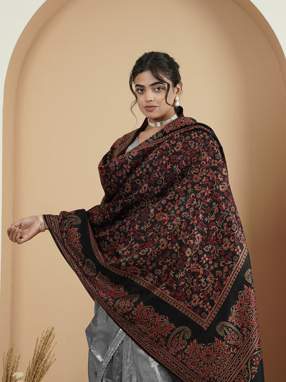 Woollen Kani Shawl with Traditional Kashmiri Floral & Paisley Woven Design | Black