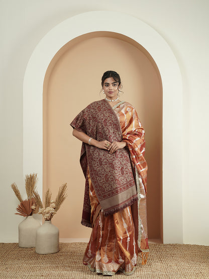 Woollen Kani Shawl with All-Over Kashmiri Paisley & Floral Woven Patterns with Fringed Border | Brown