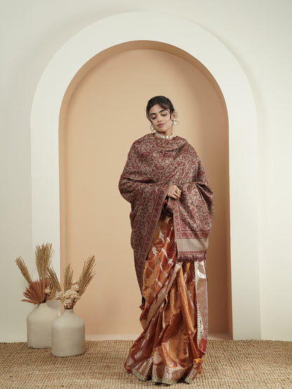 Woollen Kani Shawl with All-Over Kashmiri Paisley & Floral Woven Patterns with Fringed Border | Brown