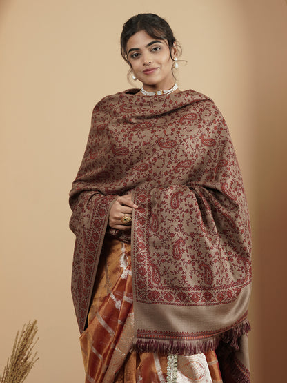 Woollen Kani Shawl with All-Over Kashmiri Paisley & Floral Woven Patterns with Fringed Border | Brown