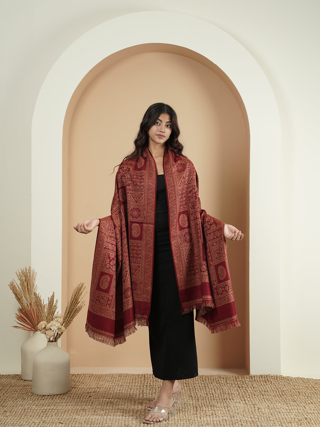 Woollen Kani Shawl with Intricate Kashmiri Paisley & Floral Woven Design | Maroon
