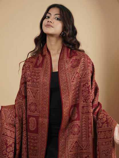 Woollen Kani Shawl with Intricate Kashmiri Paisley & Floral Woven Design | Maroon