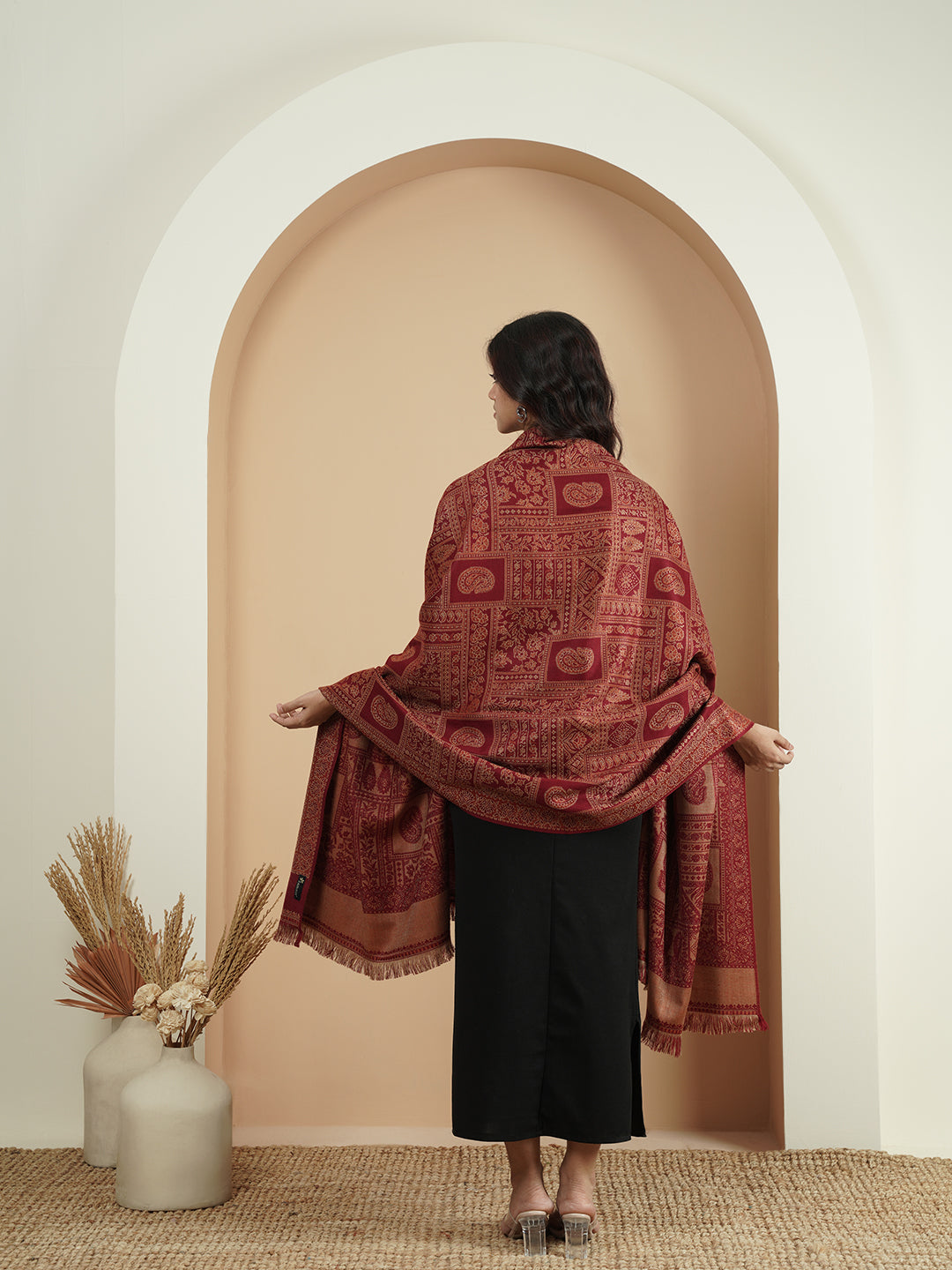 Woollen Kani Shawl with Intricate Kashmiri Paisley & Floral Woven Design | Maroon