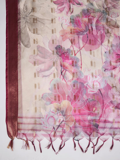 Floral Print Dupatta for Men with Zari Border | Ivory
