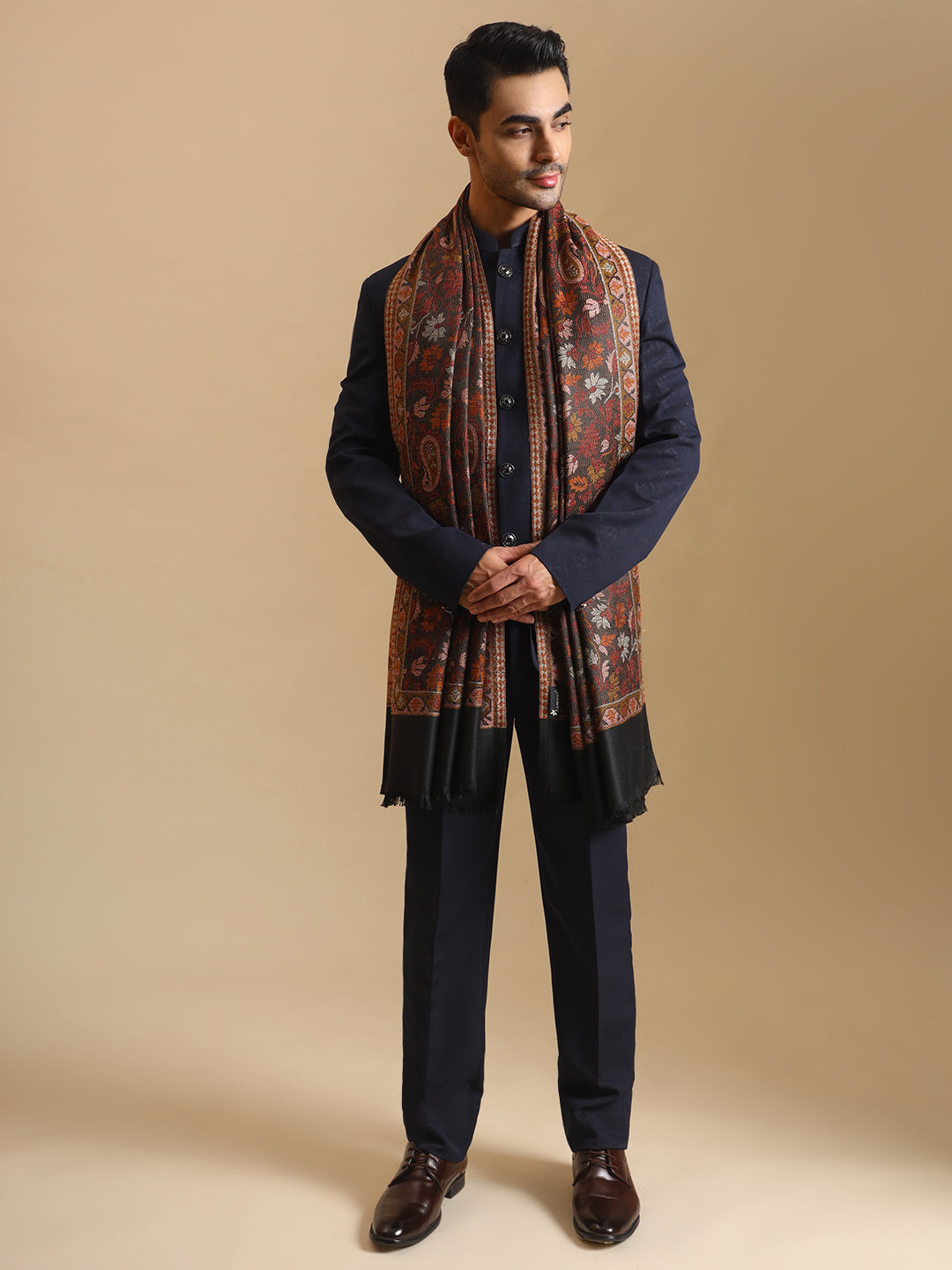 Kani Weave Paisley Pure Wool Shawl for Men | Black