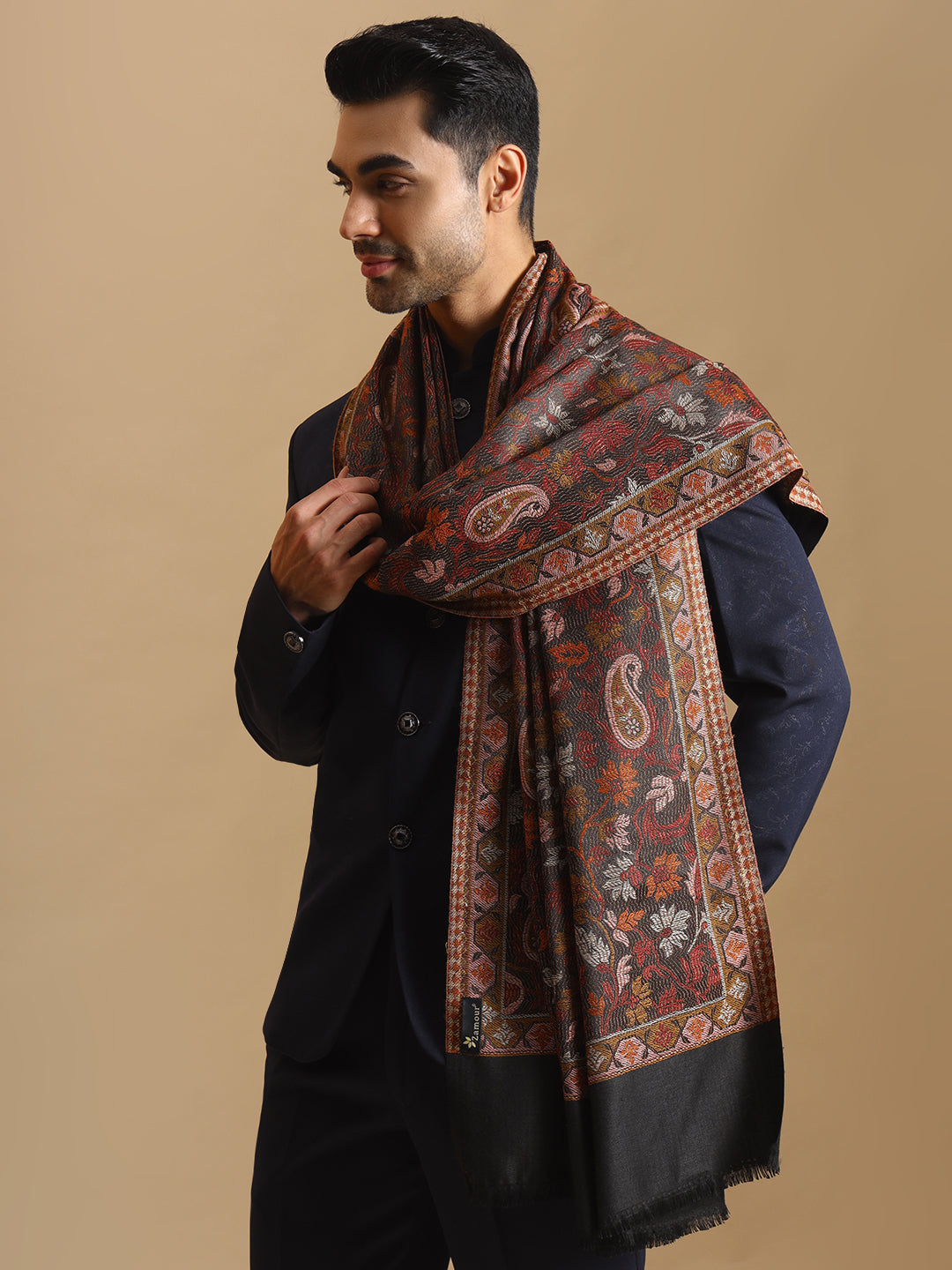 Kani Weave Paisley Pure Wool Shawl for Men | Black