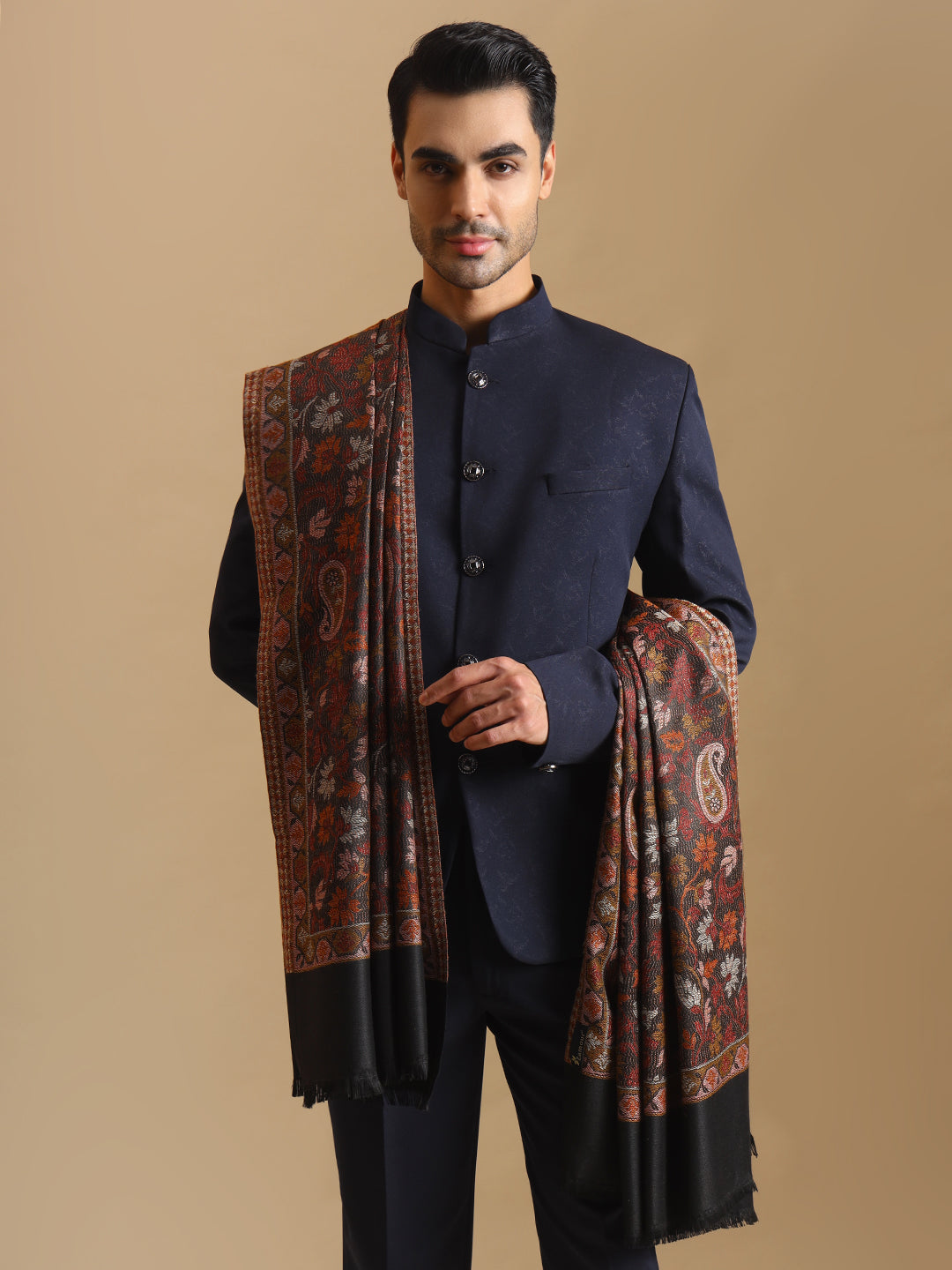 Kani Weave Paisley Pure Wool Shawl for Men | Black