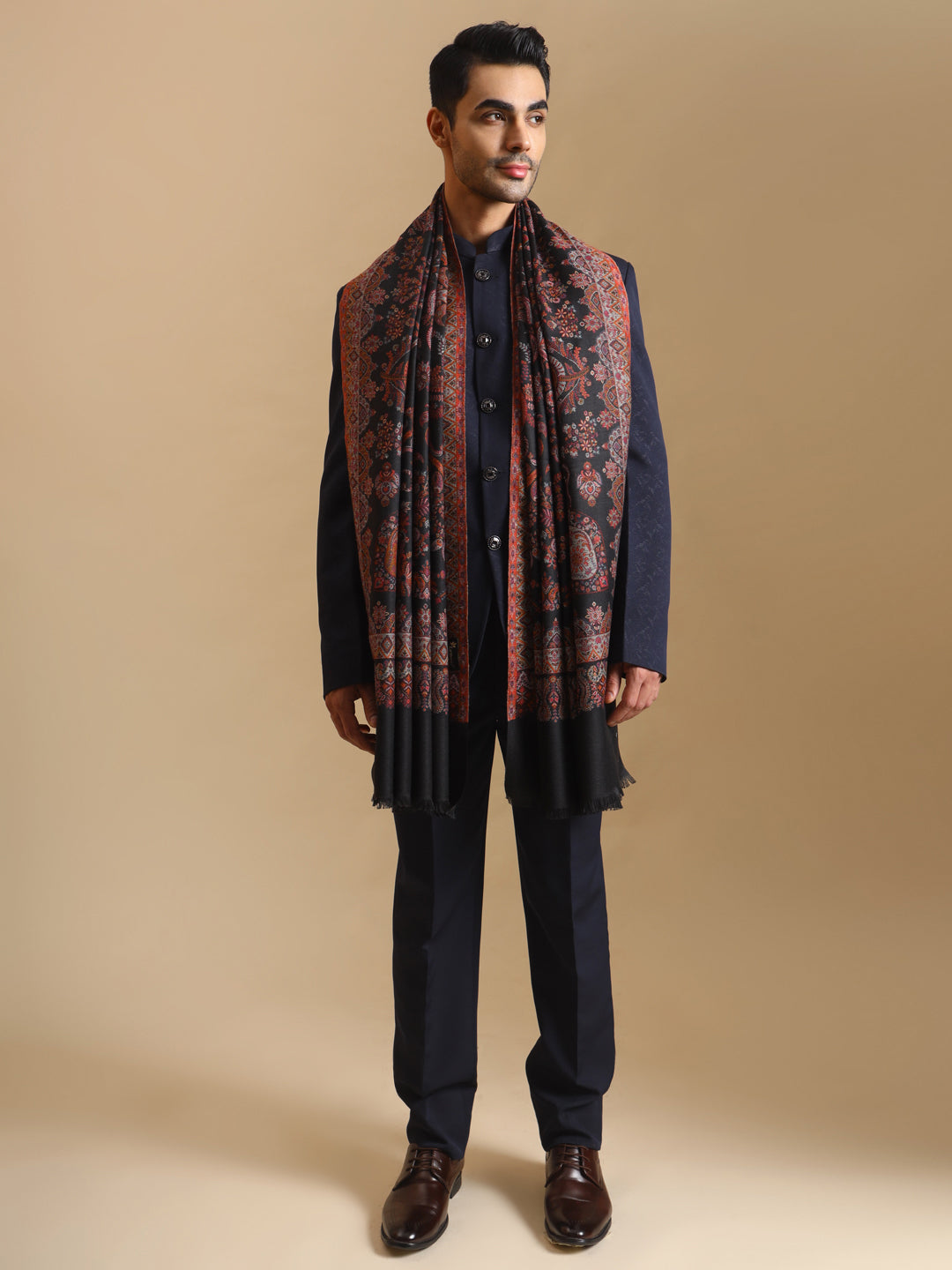 Kani Weave Paisley Pure Wool Shawl for Men | Black