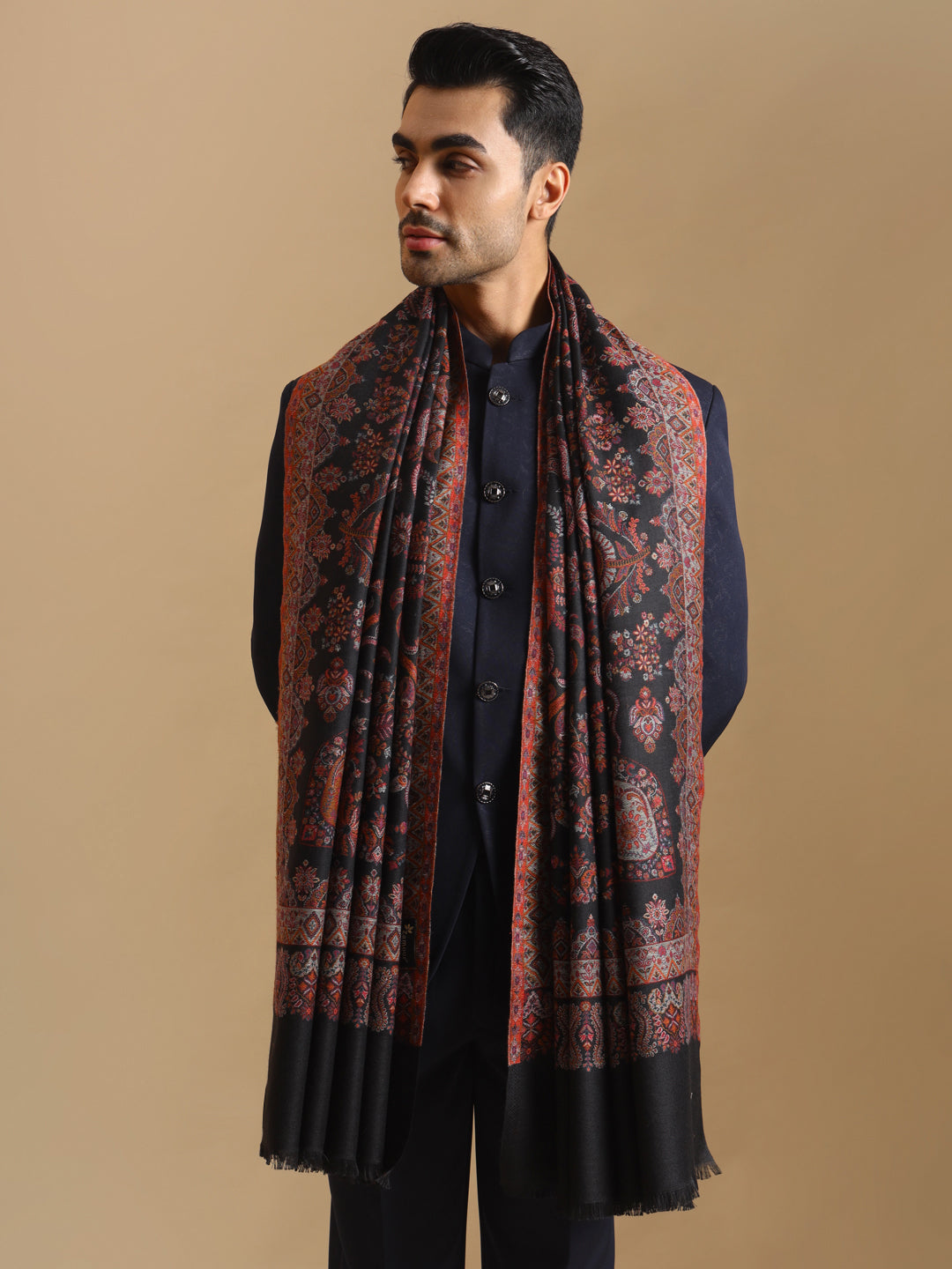 Kani Weave Paisley Pure Wool Shawl for Men | Black