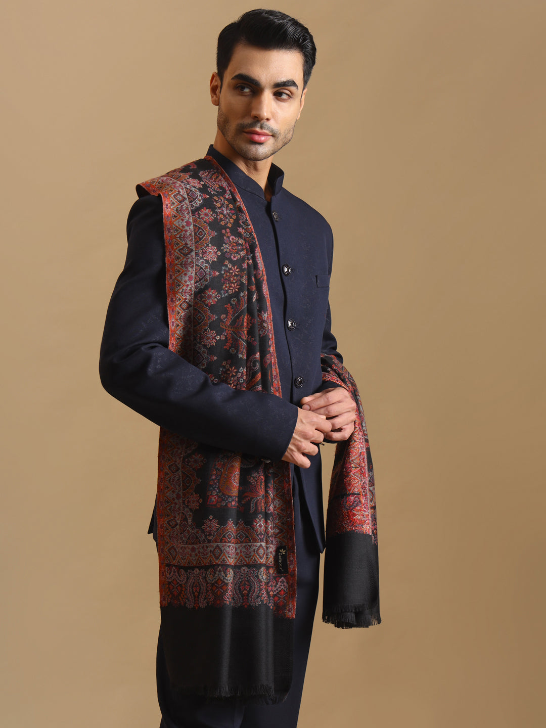Kani Weave Paisley Pure Wool Shawl for Men | Black