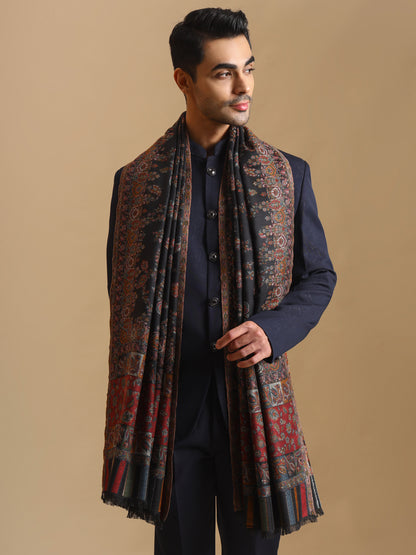 Kani Weave Woven Jaal Pattern Pure Wool Shawl | Black