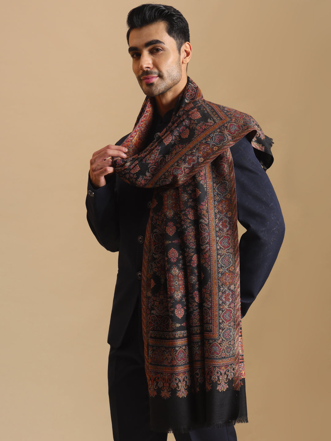 Traditional Kani Weave Pure Wool Shawl for Men | Black