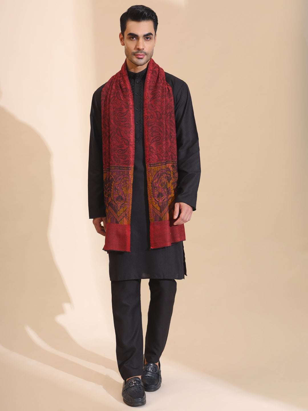 Kani Weave Paisley Border Pure Wool Stole for Men | Maroon