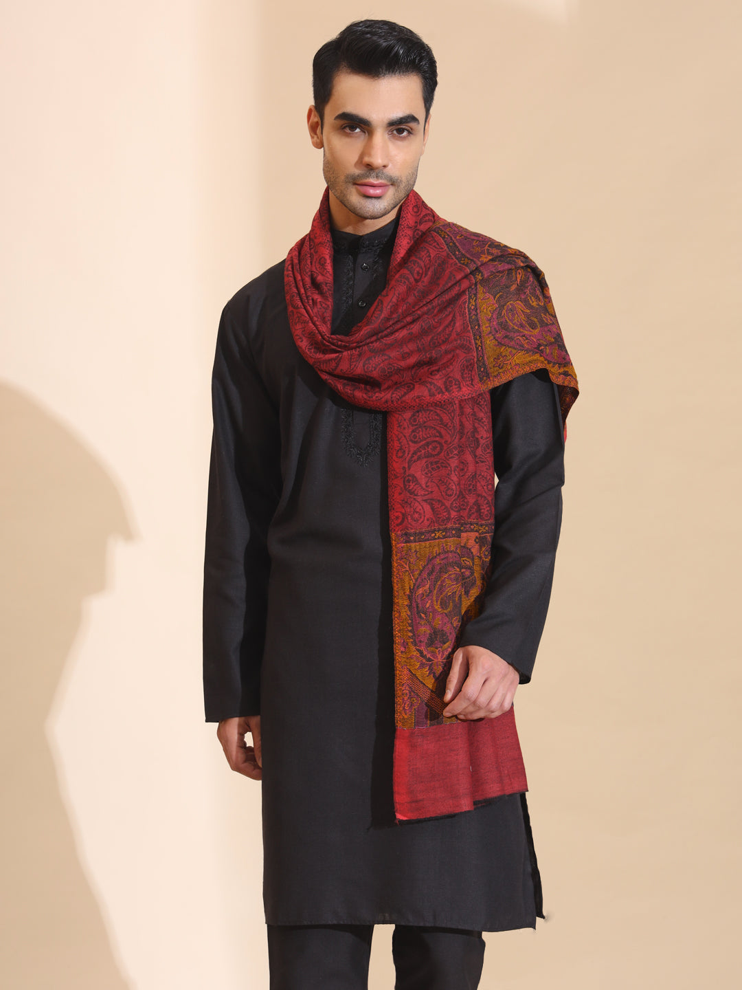 Kani Weave Paisley Border Pure Wool Stole for Men | Maroon