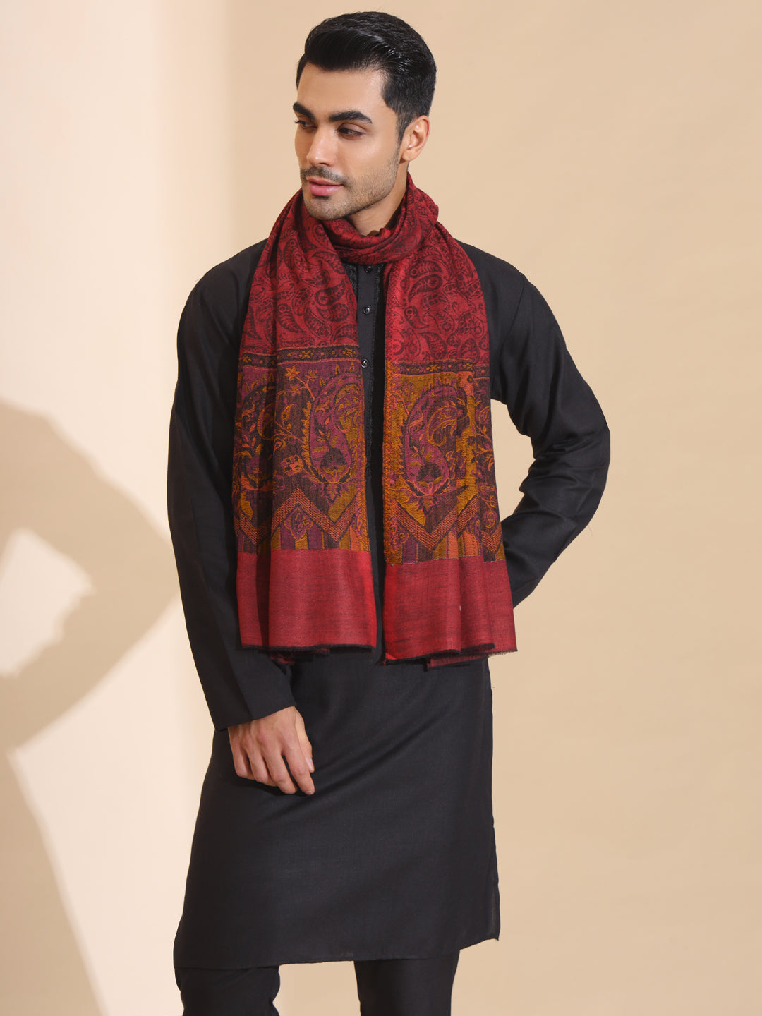 Kani Weave Paisley Border Pure Wool Stole for Men | Maroon