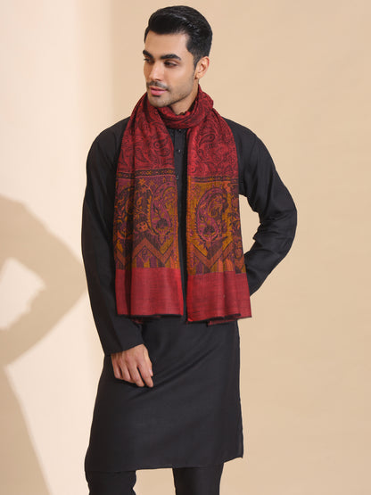 Kani Weave Paisley Border Pure Wool Stole for Men | Maroon