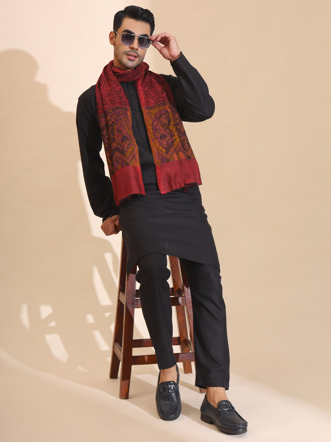 Kani Weave Paisley Border Pure Wool Stole for Men | Maroon