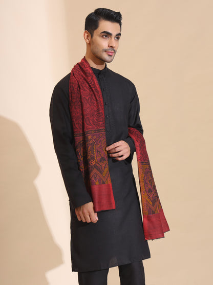 Kani Weave Paisley Border Pure Wool Stole for Men | Maroon