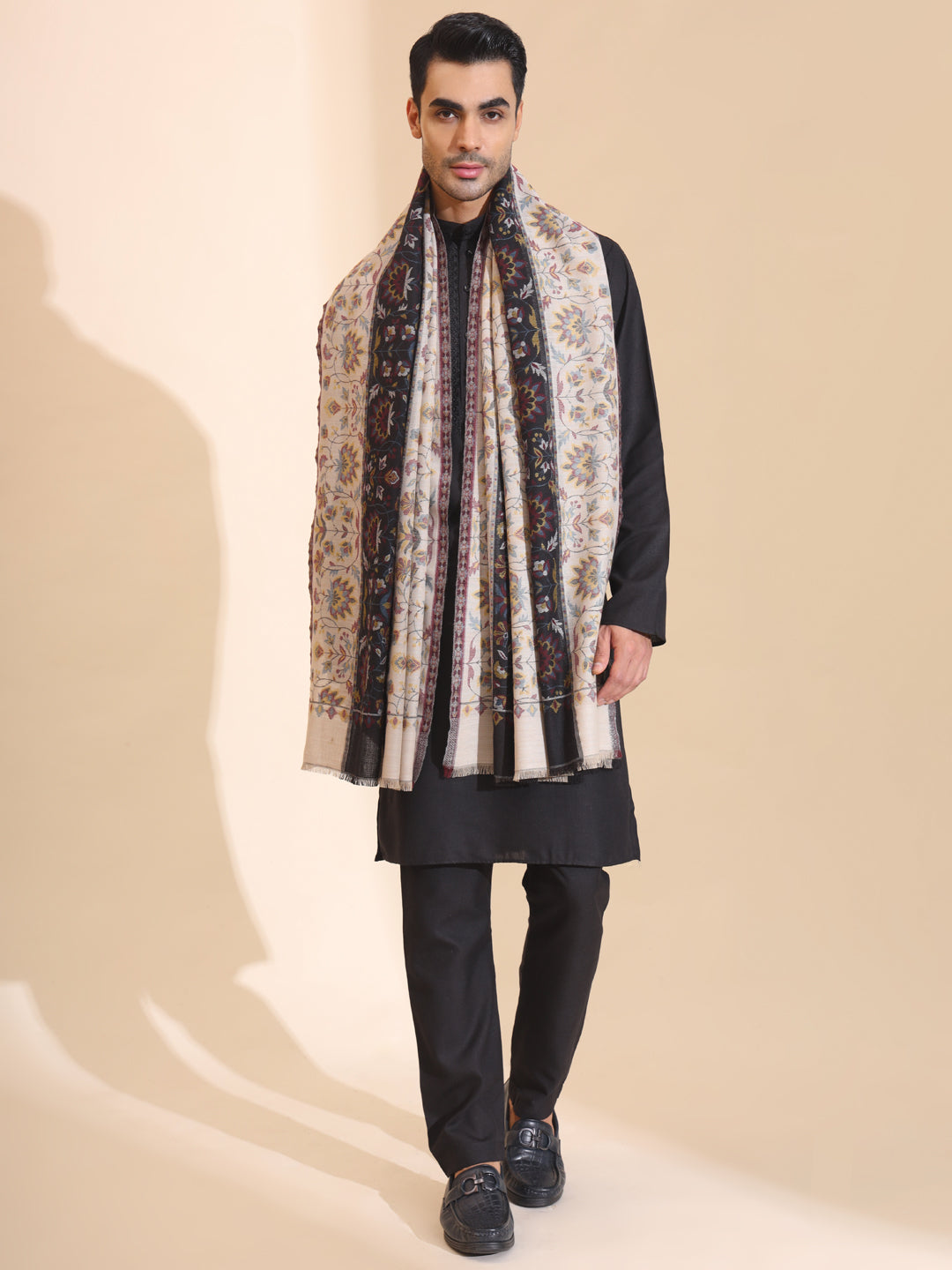 Kani Weave Traditional Pure Wool Shawl for Men | Black