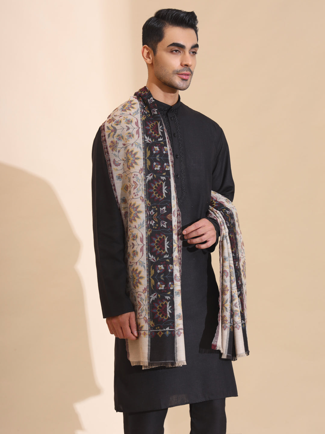 Kani Weave Traditional Pure Wool Shawl for Men | Black