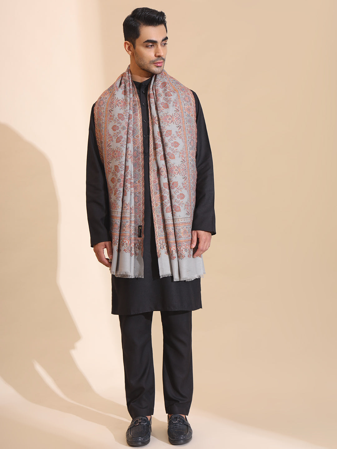 Traditional Kani Weave Pure Wool Shawl for Men | Grey