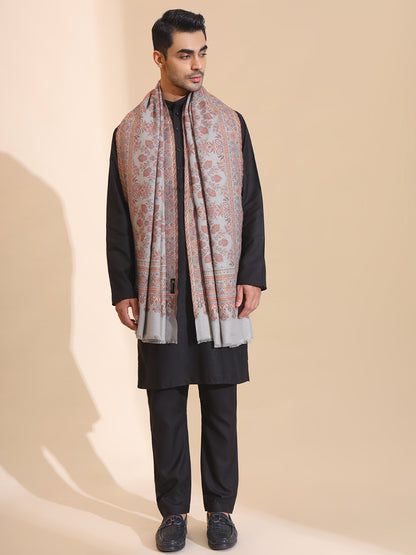 Traditional Kani Weave Pure Wool Shawl for Men | Grey