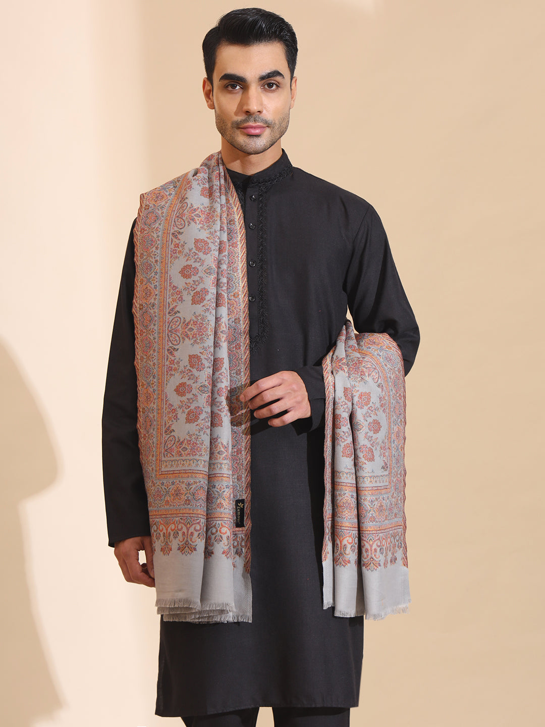 Traditional Kani Weave Pure Wool Shawl for Men | Grey