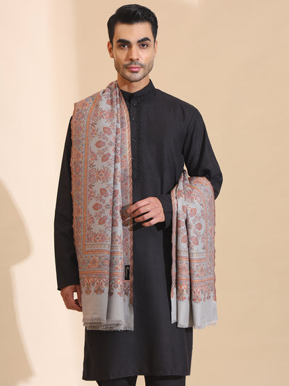 Traditional Kani Weave Pure Wool Shawl for Men | Grey