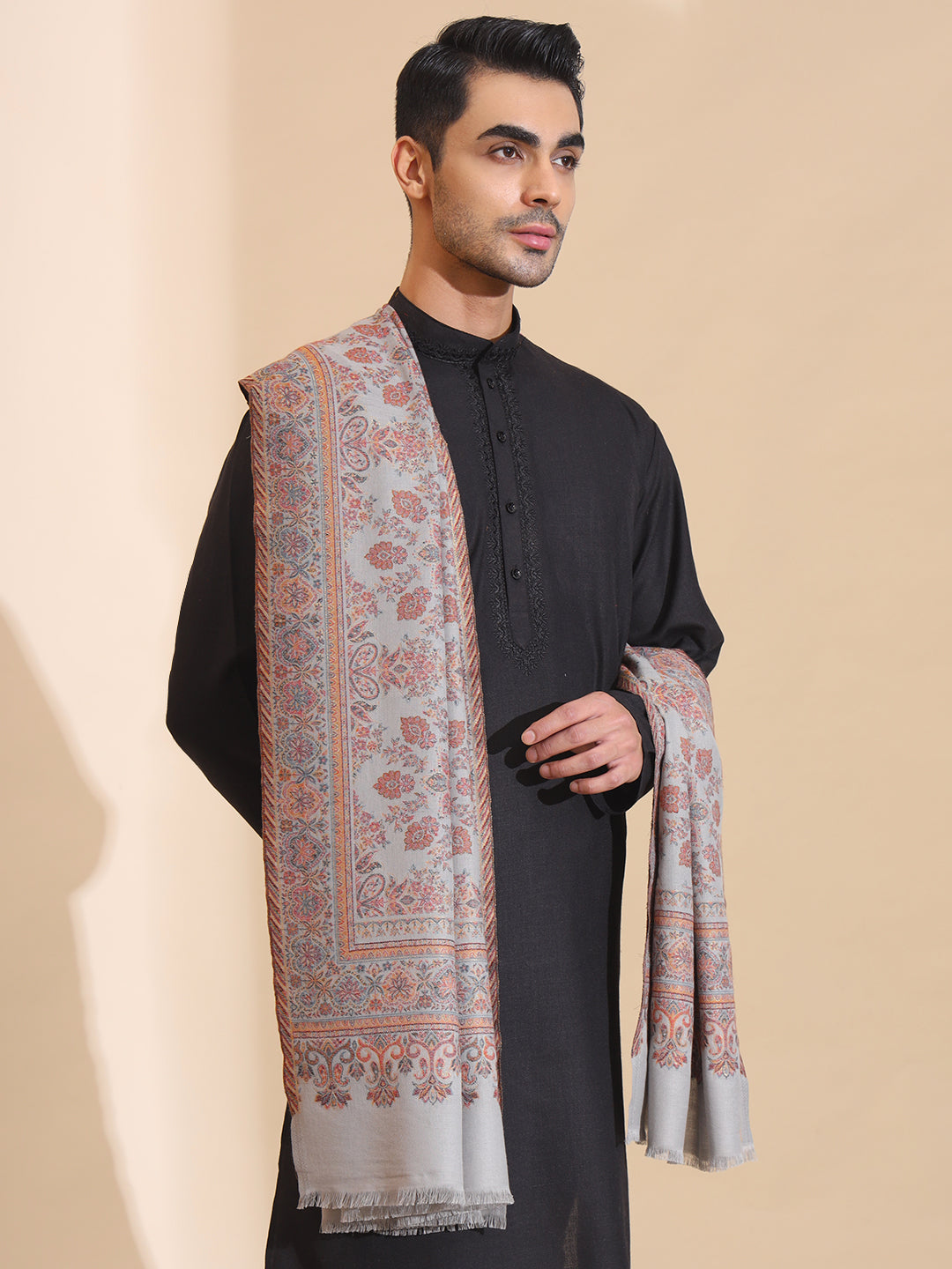 Traditional Kani Weave Pure Wool Shawl for Men | Grey
