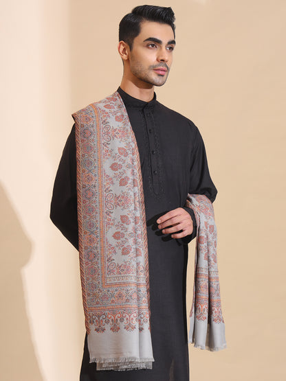 Traditional Kani Weave Pure Wool Shawl for Men | Grey