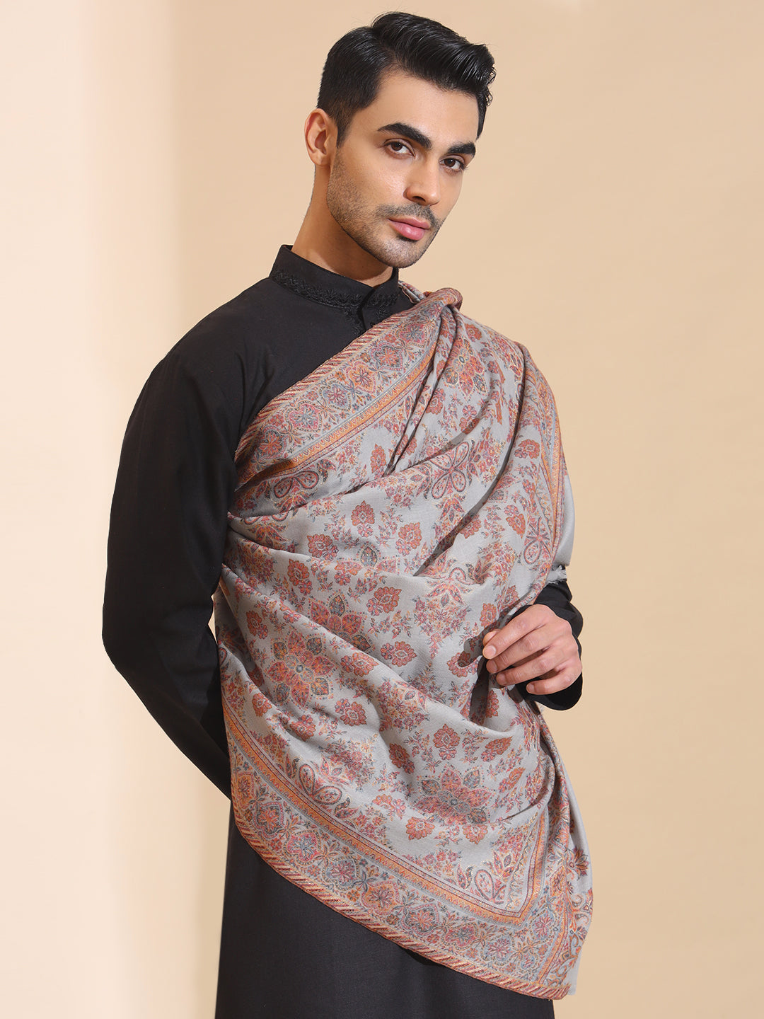 Traditional Kani Weave Pure Wool Shawl for Men | Grey