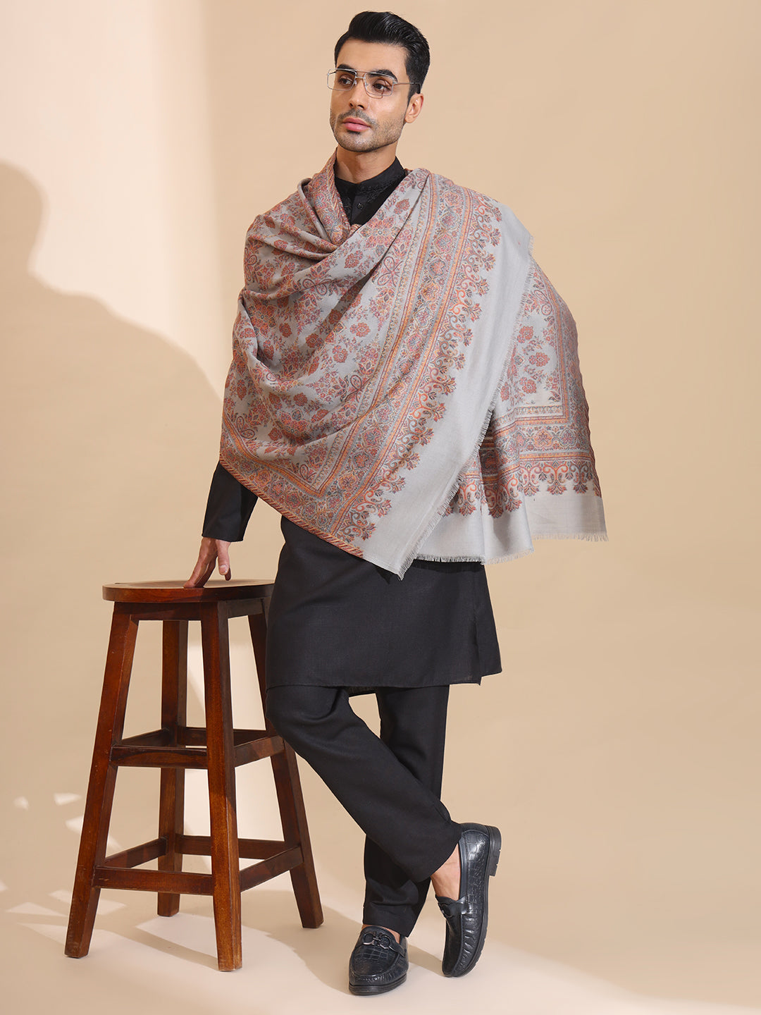 Traditional Kani Weave Pure Wool Shawl for Men | Grey