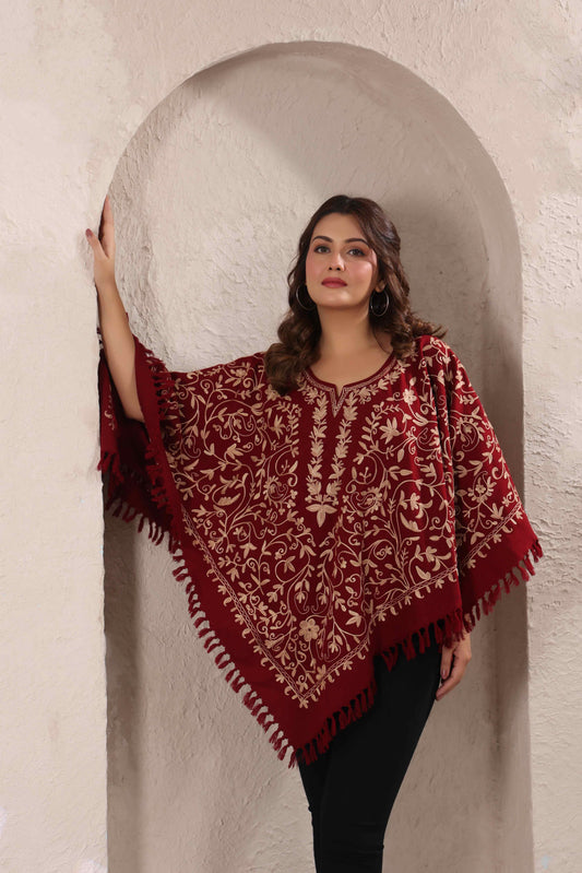 Woollen Poncho Top with Kashmiri Hand Embroidered Jaal and Inner Lining | Maroon - view 5