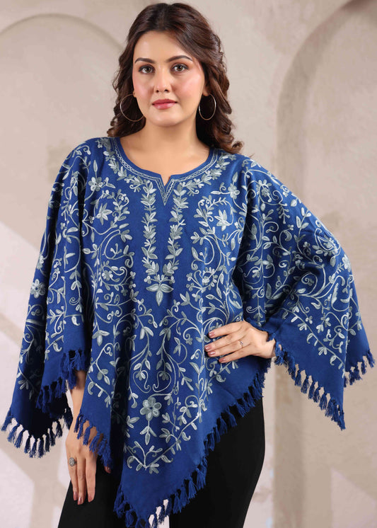 Woollen Poncho Top with Kashmiri Hand Embroidered Jaal and Inner Lining | Blue