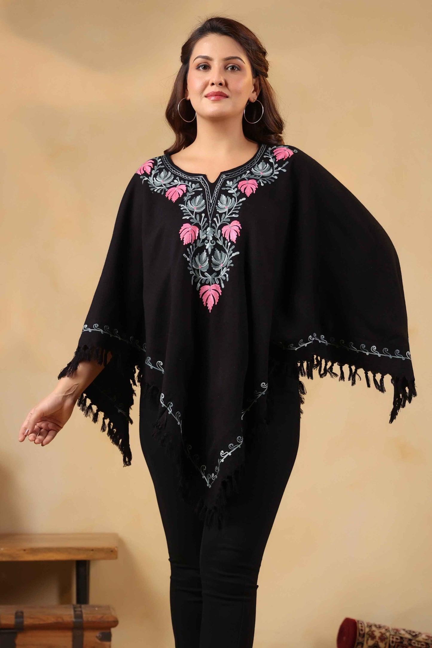 Woollen Poncho Top with Kashmiri Chinar Neck Hand Embroidery  and Inner Lining | Black