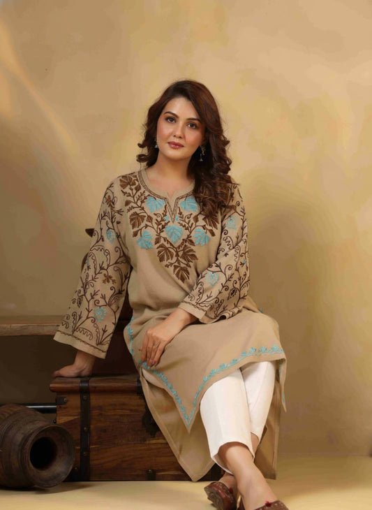 Chinar Embroidery Kashmiri Pheran | Beige Blue