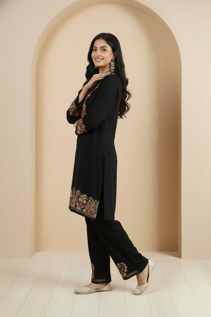 Floral Knitted Aari Embroidery Coord Set | Black