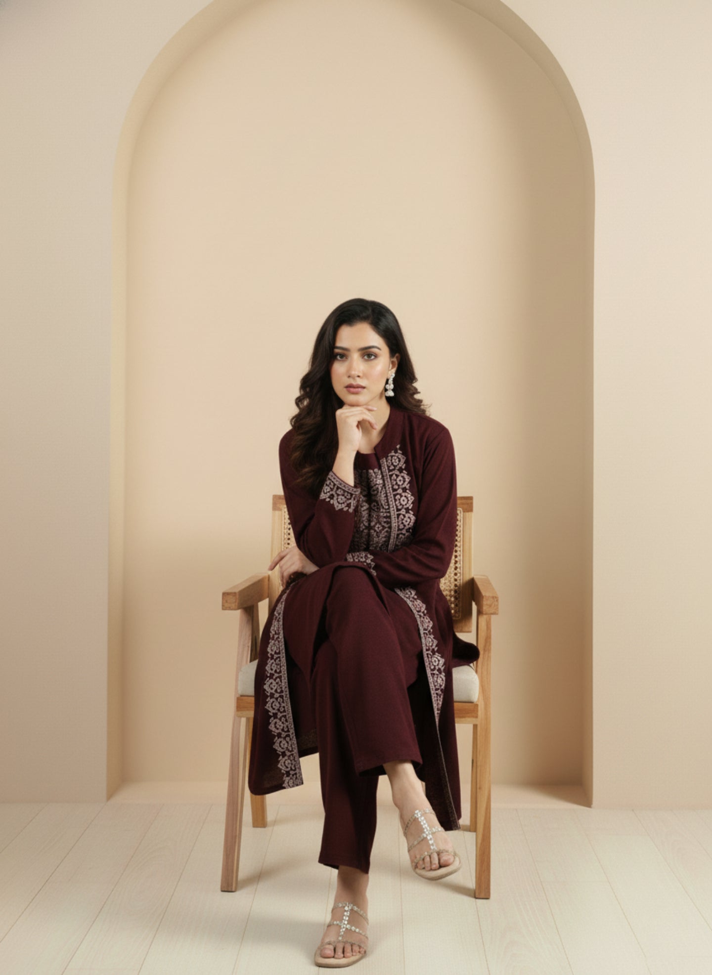 Three-Piece Woolen Knitted Coord Set | Maroon