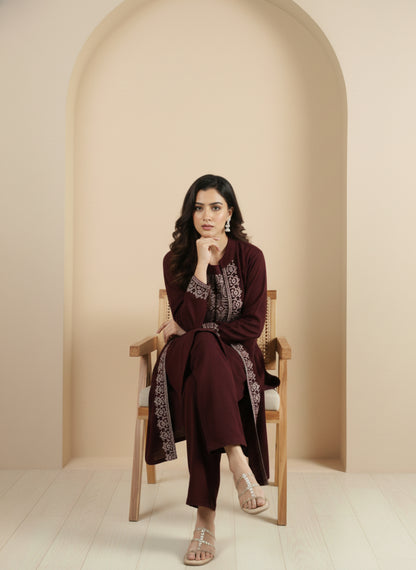 Three-Piece Woolen Knitted Coord Set | Maroon